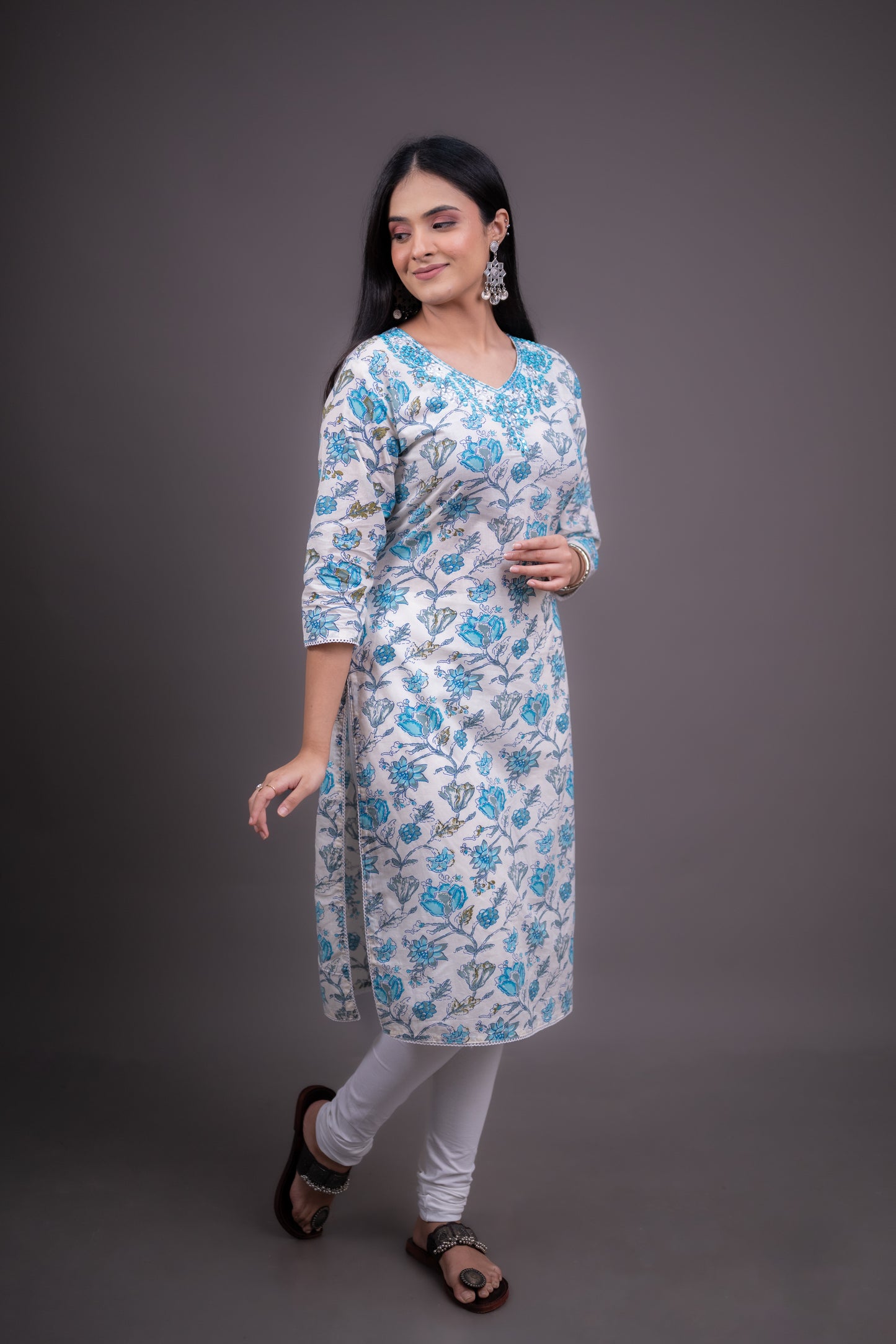 Cyan and White Floral Print Kurti