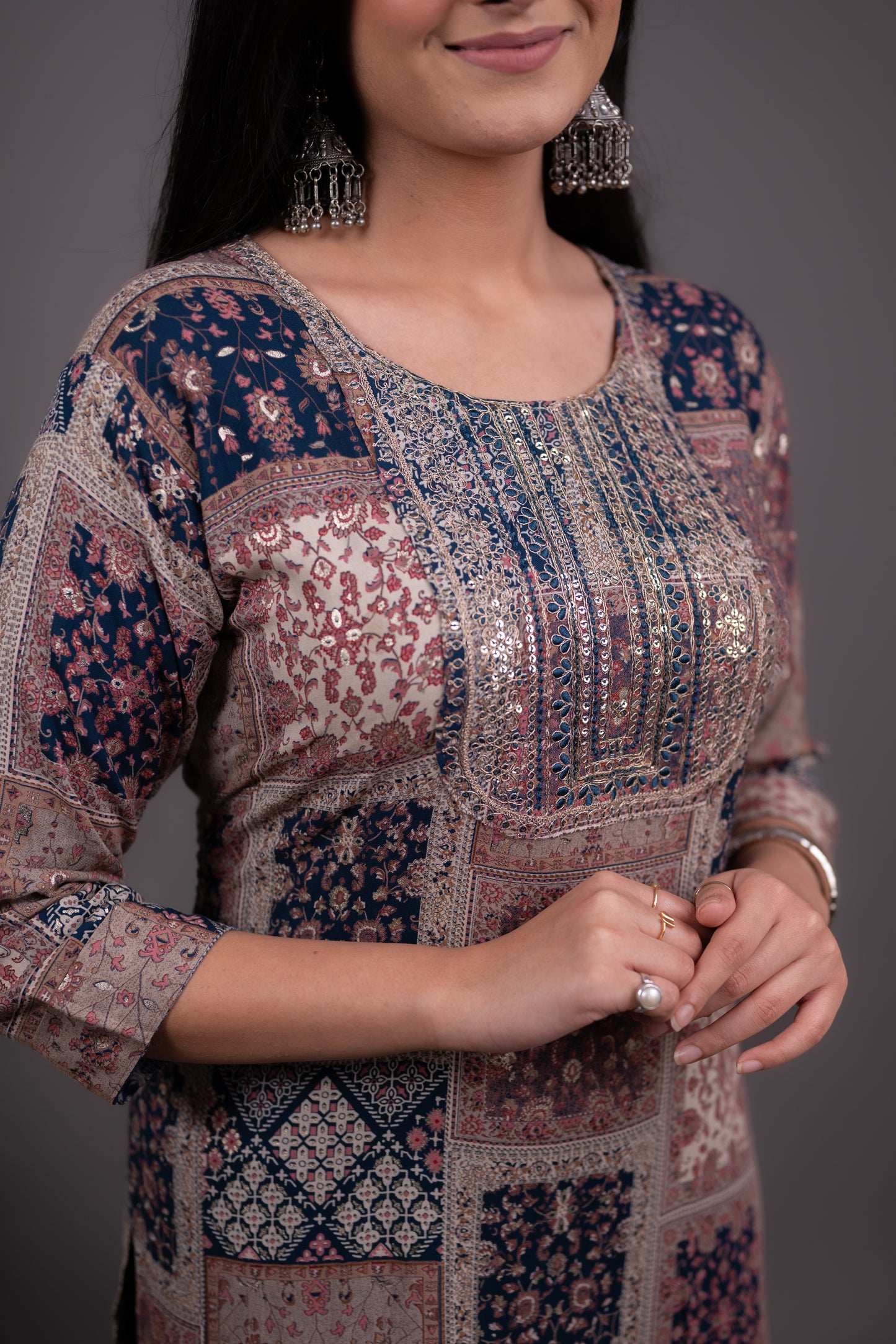 Navy Blue Ethnic Embroidered Kurti