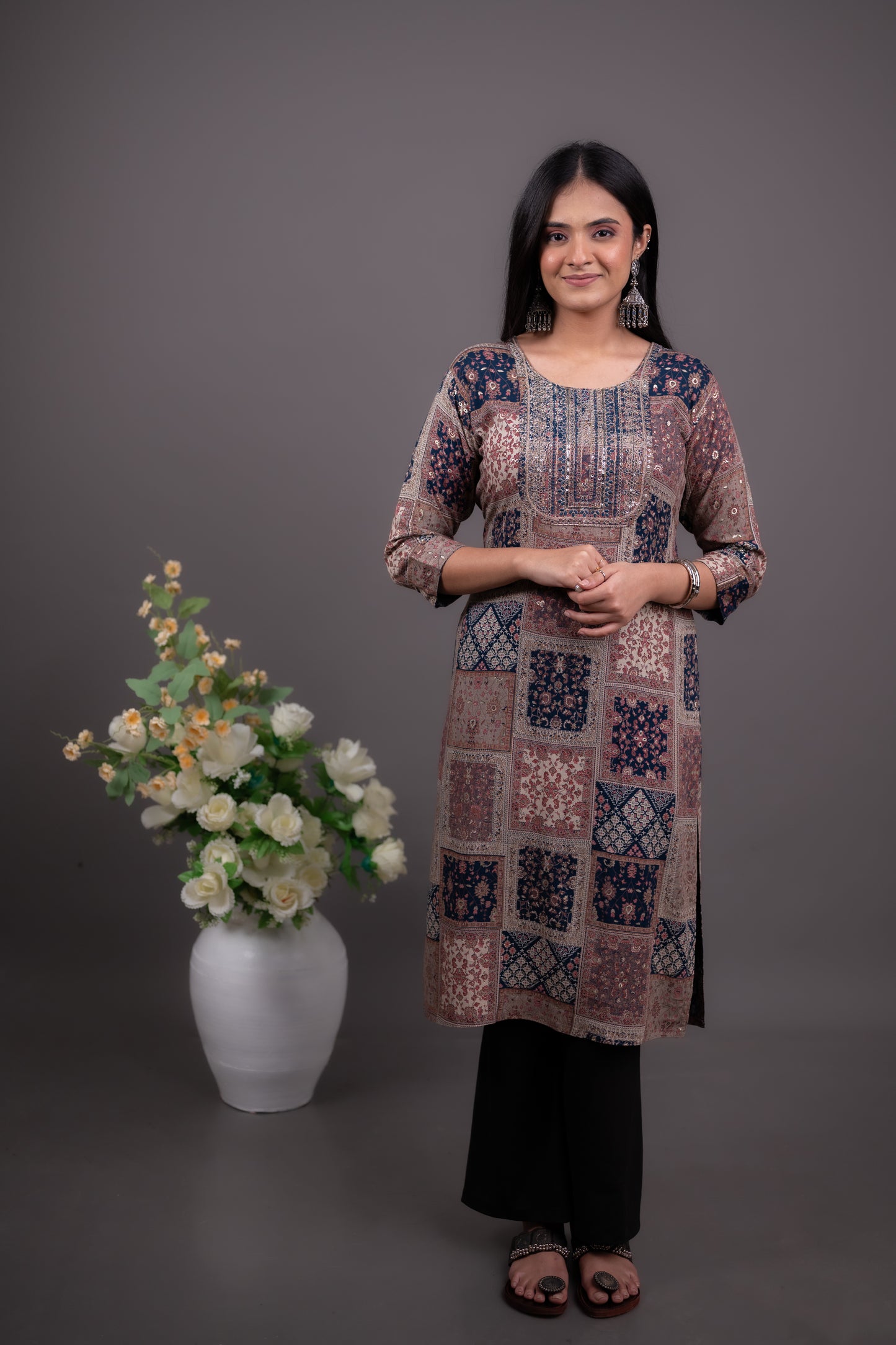 Navy Blue Ethnic Embroidered Kurti
