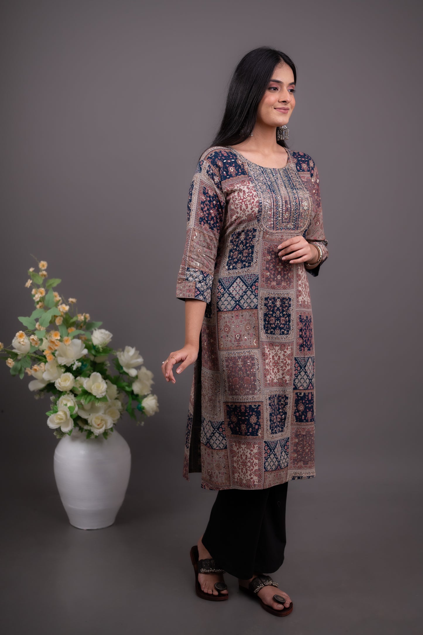 Navy Blue Ethnic Embroidered Kurti