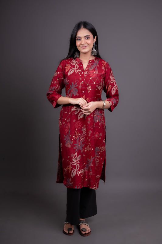 Rich Maroon Floral Print Kurti