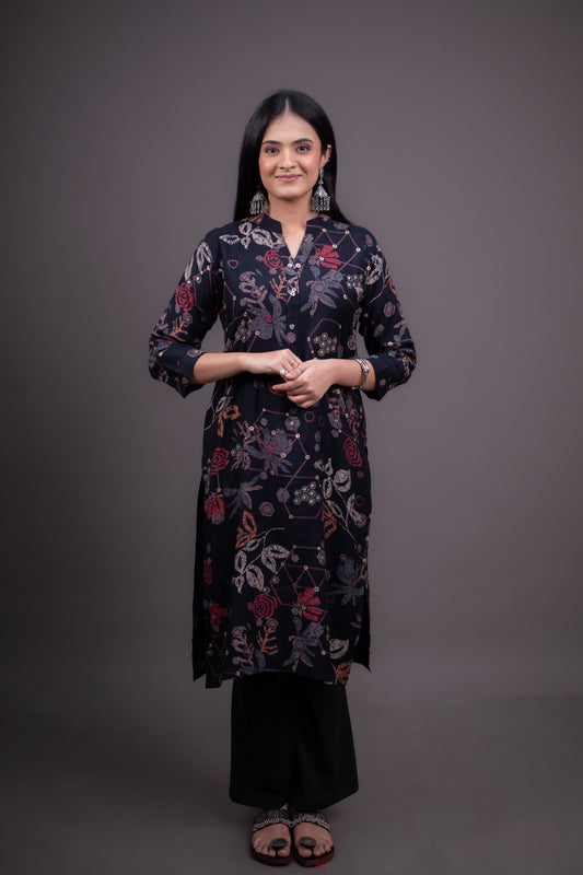 Classic Black Floral Print Kurti