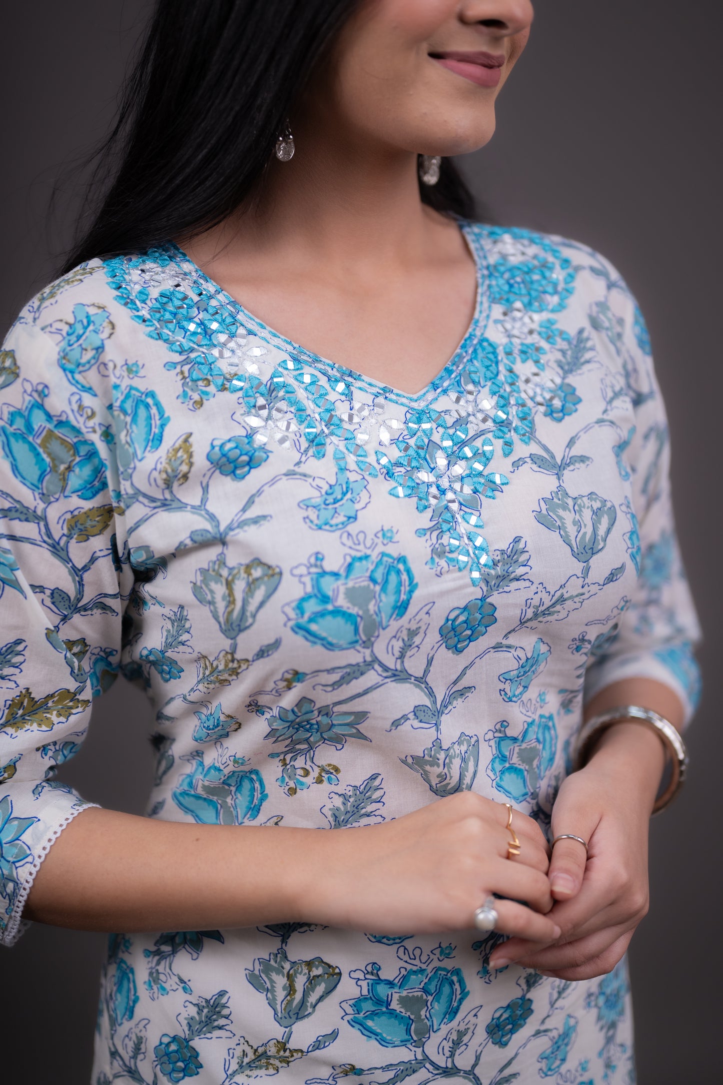 Cyan and White Floral Print Kurti