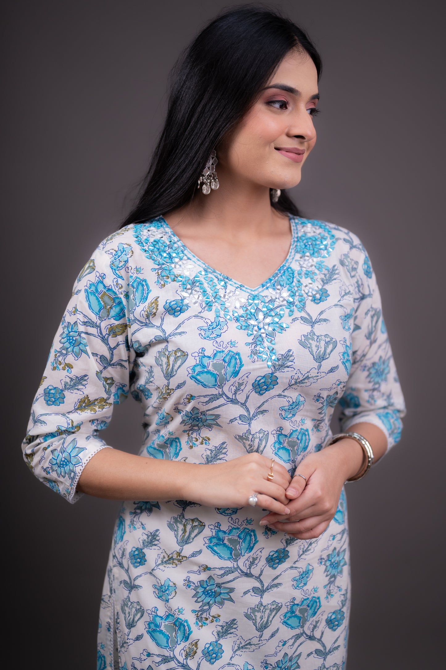 Cyan and White Floral Print Kurti