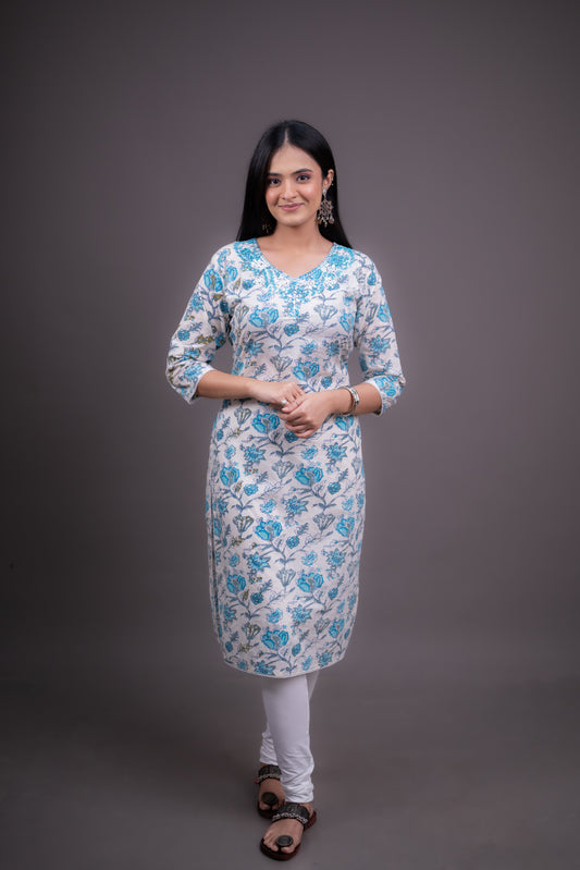 Cyan and White Floral Print Kurti