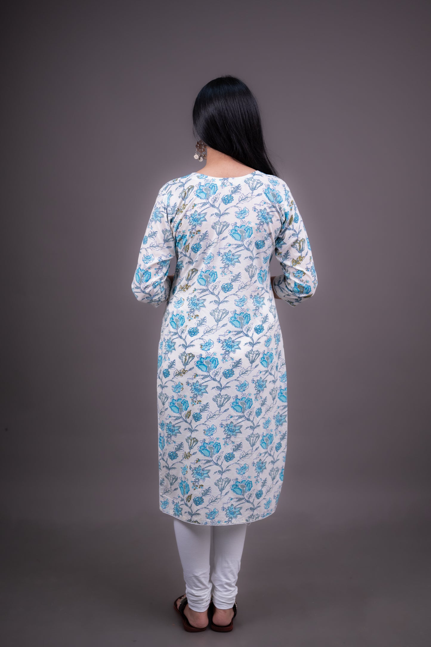 Cyan and White Floral Print Kurti