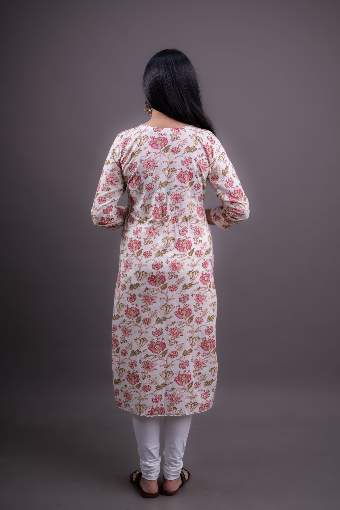 White Kurti with Pink Floral Print