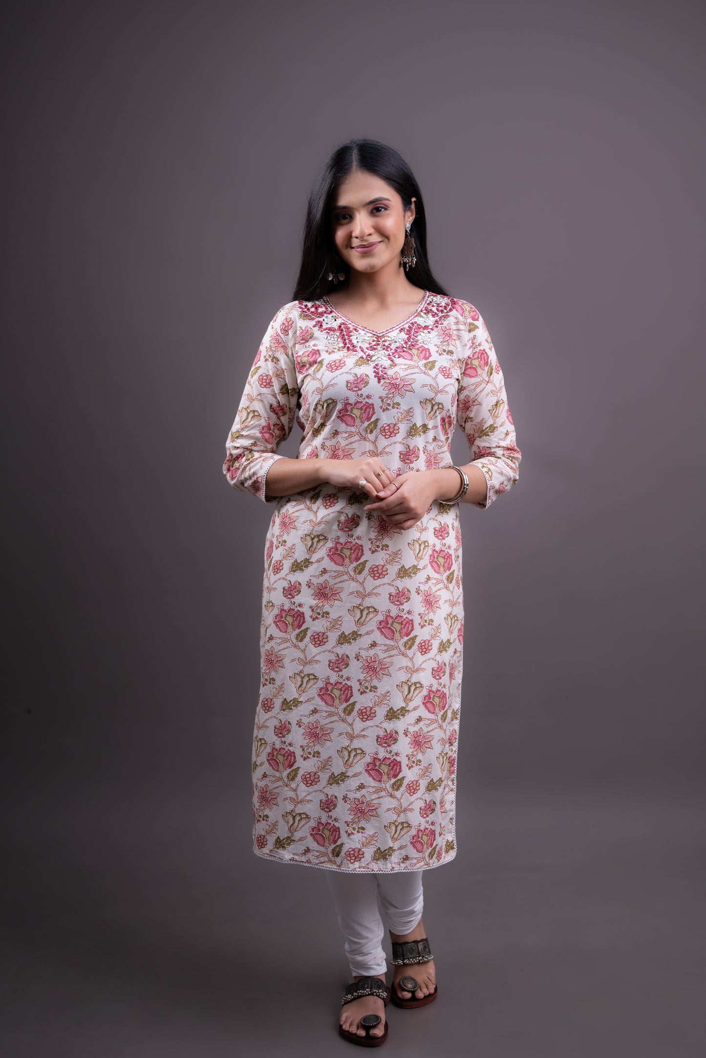 White Kurti with Pink Floral Print
