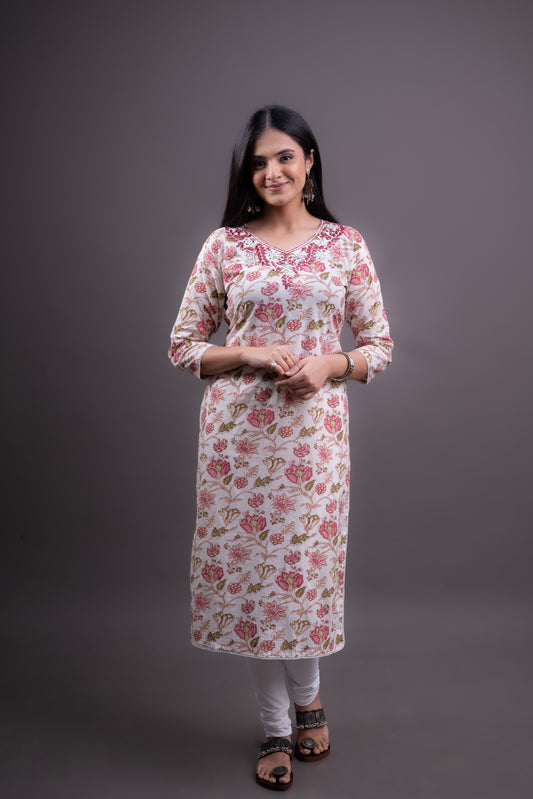 White Kurti with Pink Floral Print