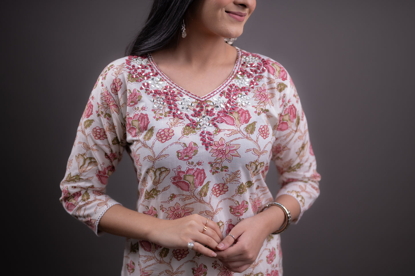 White Kurti with Pink Floral Print