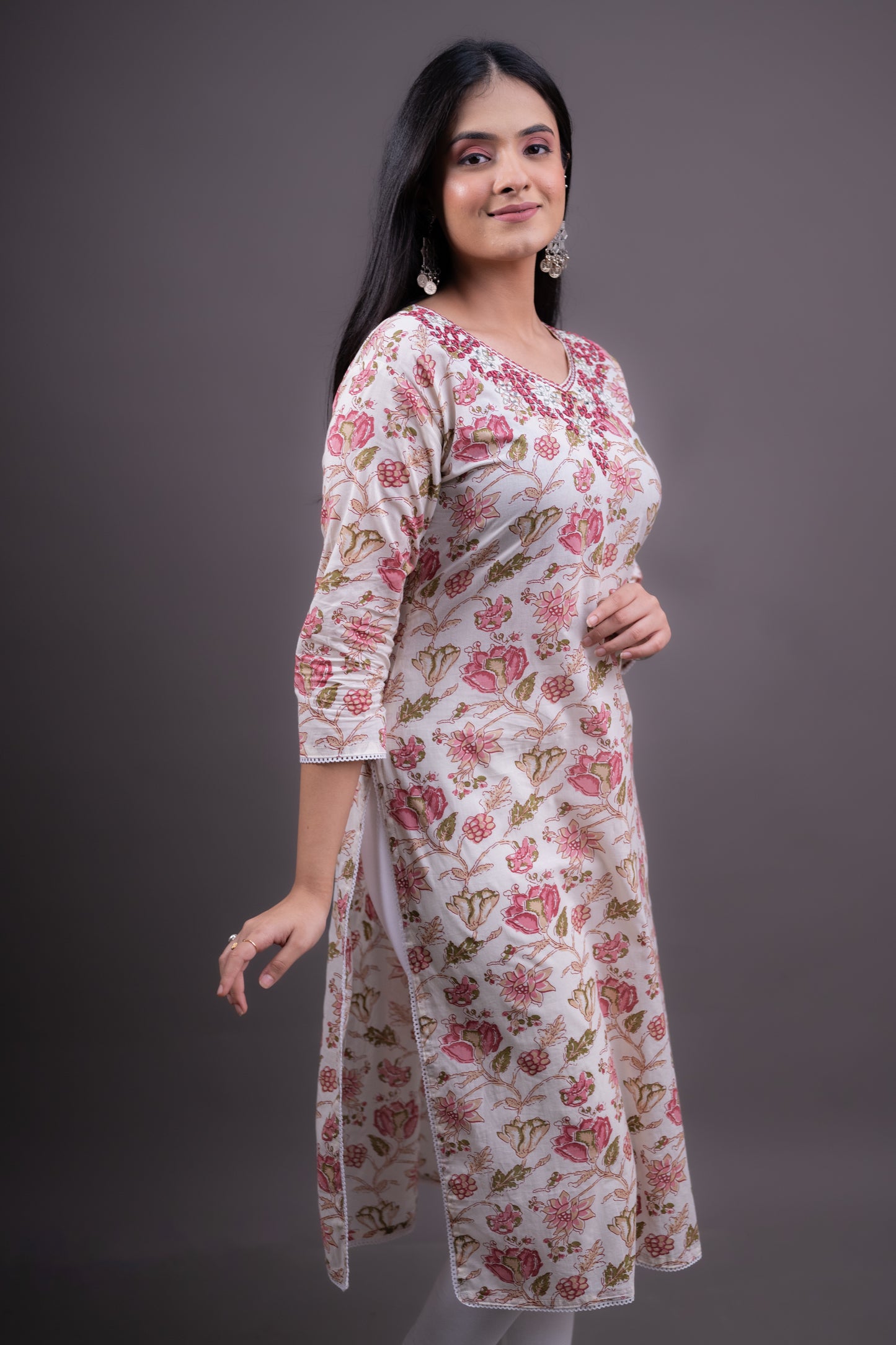 White Kurti with Pink Floral Print